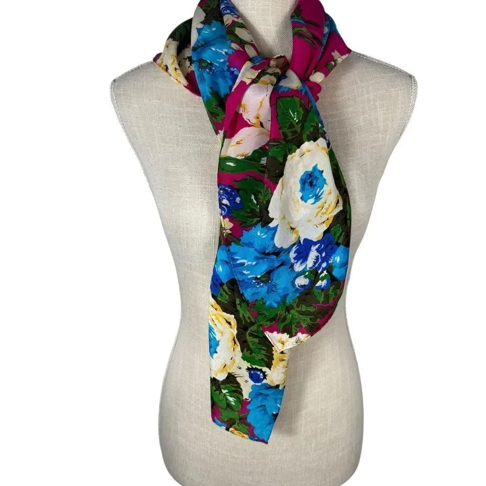 Club Echo Vintage Gorgeous Vivid Magenta Floral Silk Scarve